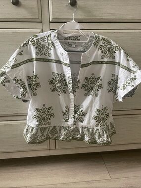CeCe White Top with Olive Green Print and Ruffle Hem